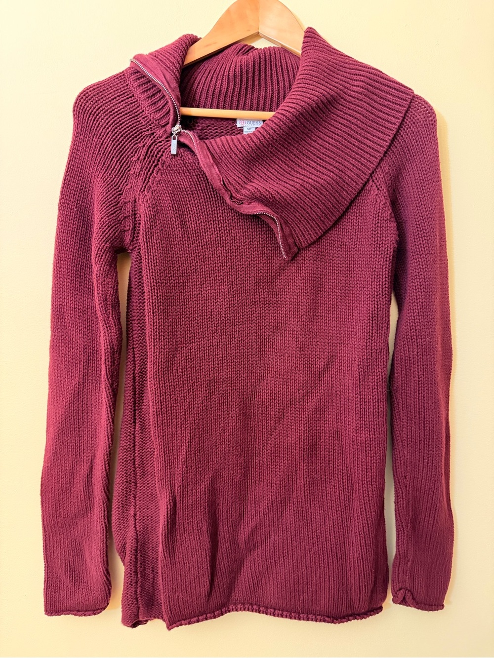 GUESS Burgundy Asymmetric Zip Cowl Neck Ribbed Knit Sweater Small S/P